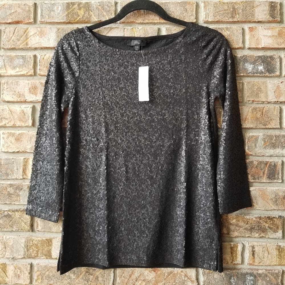 J.Crew Sequined 3/4 Sleeve Boatneck Top Black
